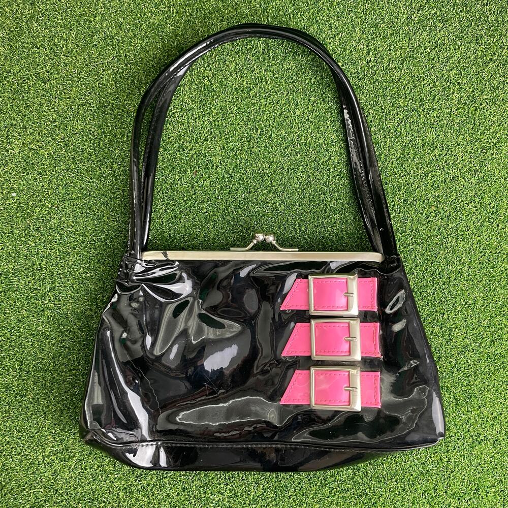 Vintage 90s Y2K FashionExpress Patten Faux Leather Pink Buckle Detail Mini Bag